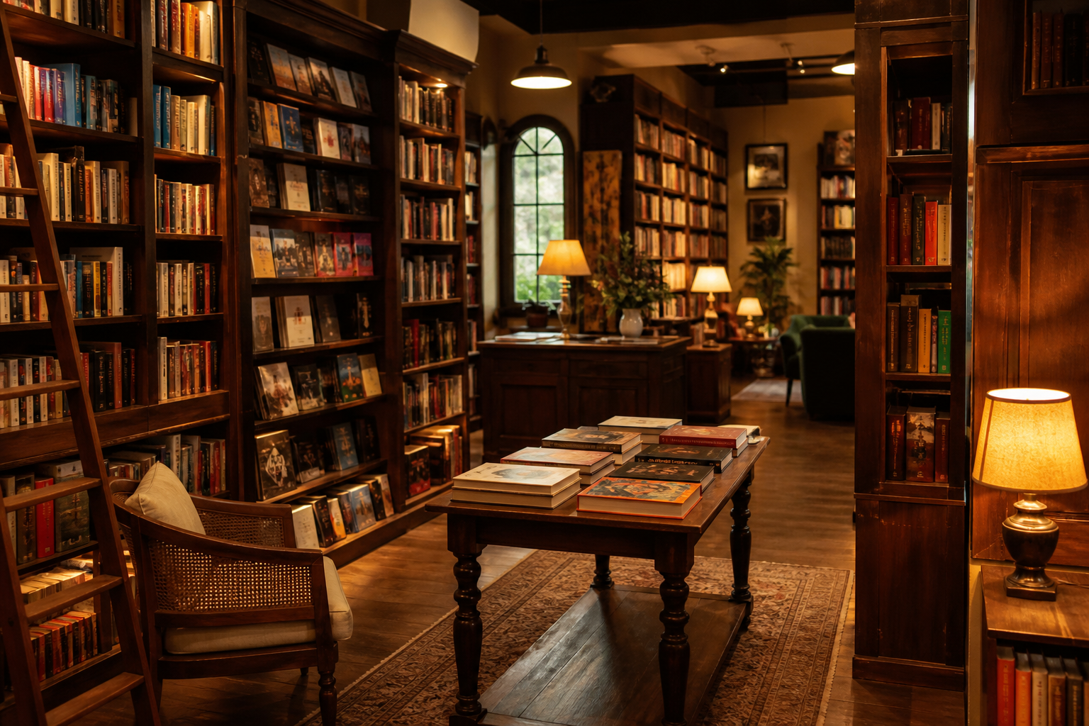 Bookstore interior with reading table